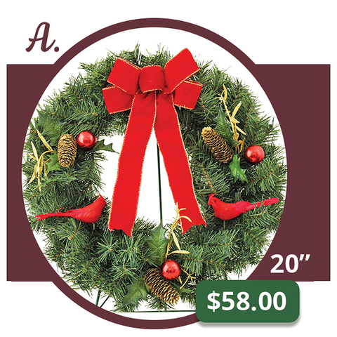 A - Deluxe Pine Wreath w/ Pinecones and Cardinals
