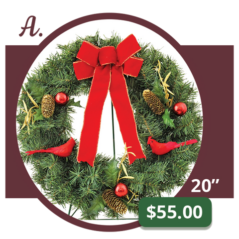 A - Deluxe Pine Wreath w/ Pinecones and Cardinals