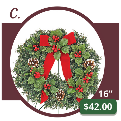 C - Holly Wreath with Red Bow and Pine Cones