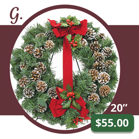G - White-Tipped Natural Cone Wreath & Bow