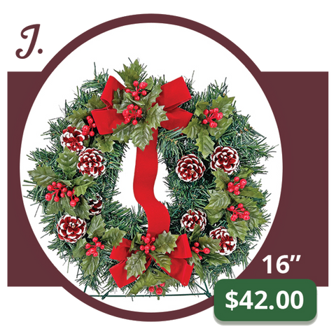 J - White-Tipped Red Cone Wreath & Bow