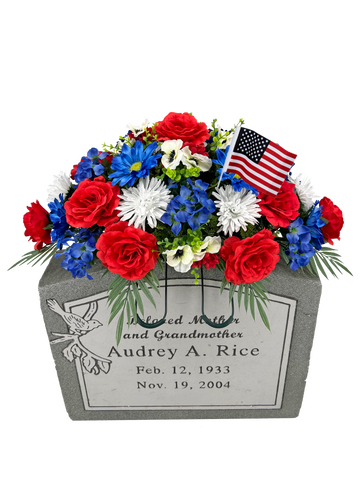 Deluxe Monument Saddle Rose Daisy & Hydrangea with Flag