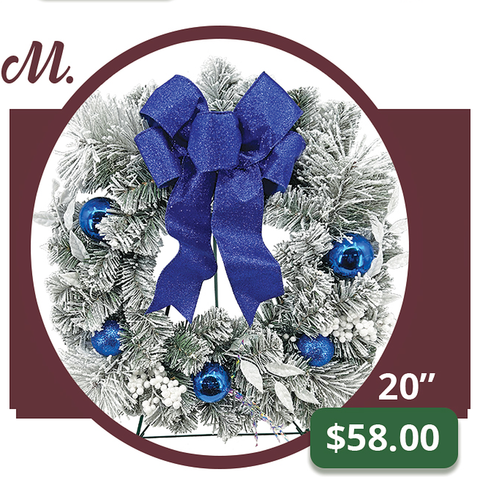M - Frosted Winter Wreath with Royal Blue Bow