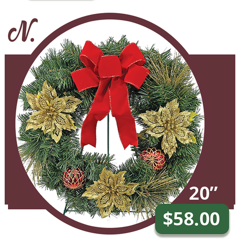 N - Evergreen Wreath with Gold Poinsettias & Red Velvet Bow